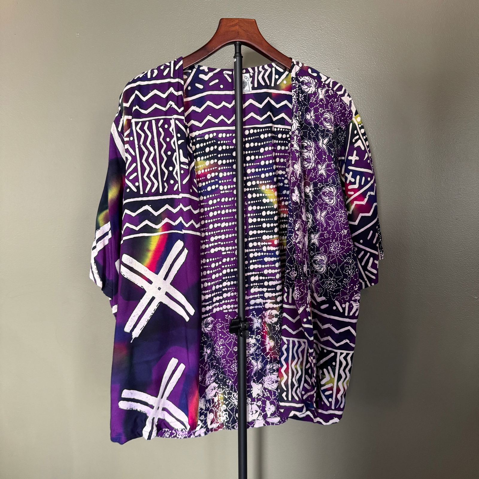 Mujur Asian Crafts Patchwork Rayon Tunic, Size M: Striking women's tunic by Mujur Asian Crafts, featuring a richly layered patchwork of geometric, dotted, and abstract motifs in deep plum, indigo, white, and subtle multicolor accents. Crafted in ligh