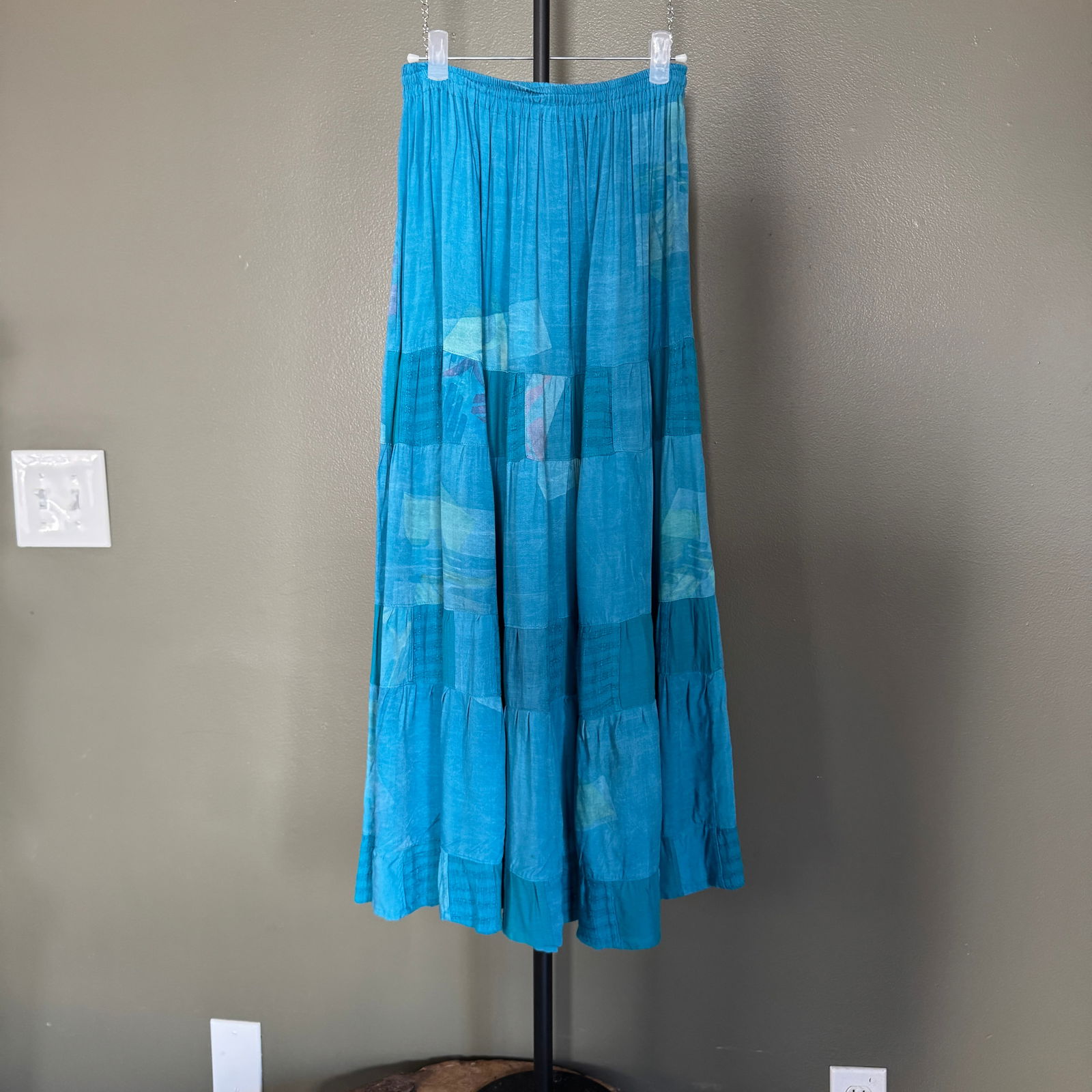 Kaya Kupu by Anaya Handcrafted Rayon Tiered Skirt, Size M: Flowing tiered skirt by Kaya Kupu (by Anaya), rendered in serene turquoise and sea-blue hues with softly varied panels that create gentle depth and movement. Handcrafted in lightweight rayon and made