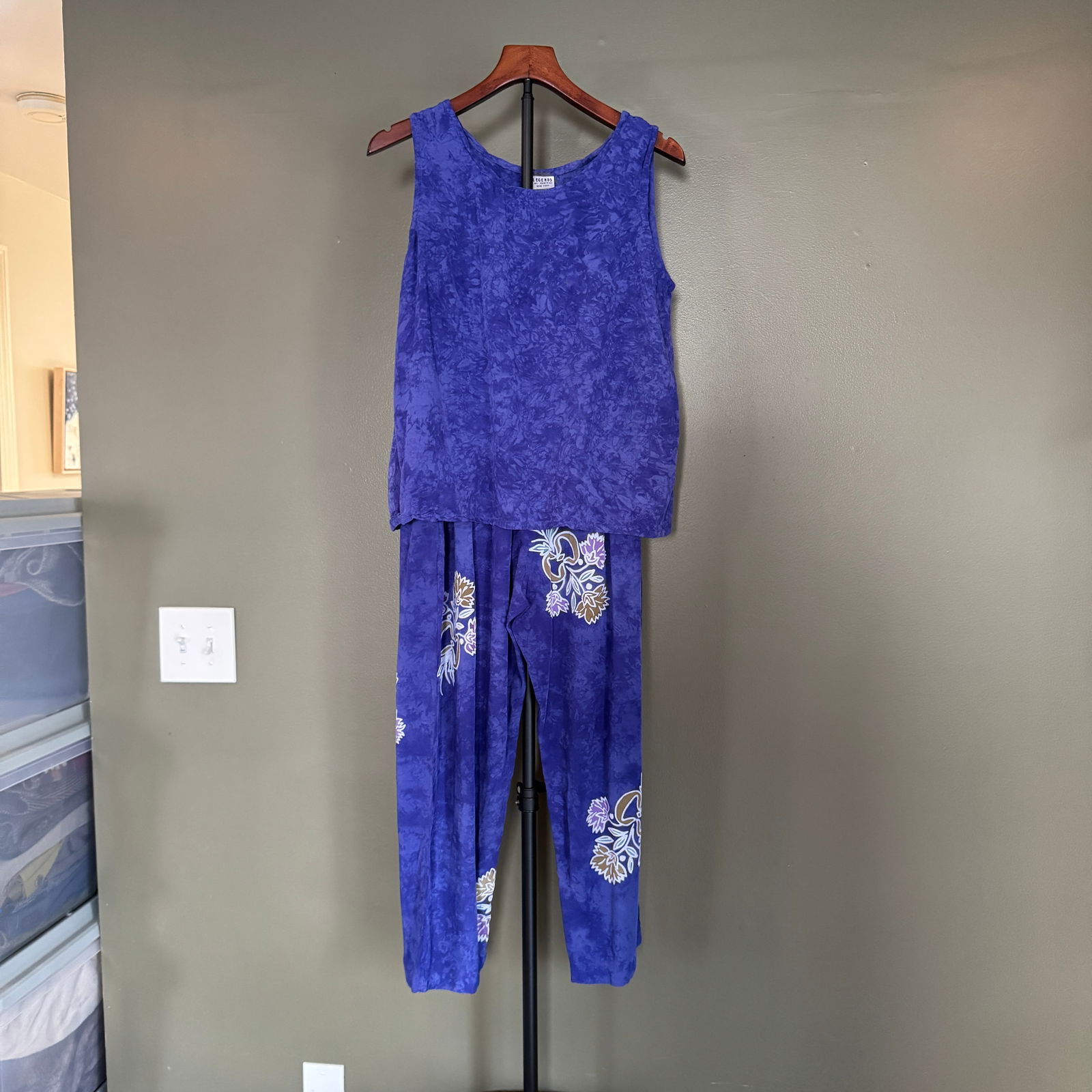 Vintage Legends by Sunisha Two-Piece Ensemble: Vintage two-piece set by Legends by Sunisha, featuring a sleeveless top and coordinating relaxed-fit pants in a rich indigo-blue palette with subtle floral and abstract patterning. Made in Indonesia,
