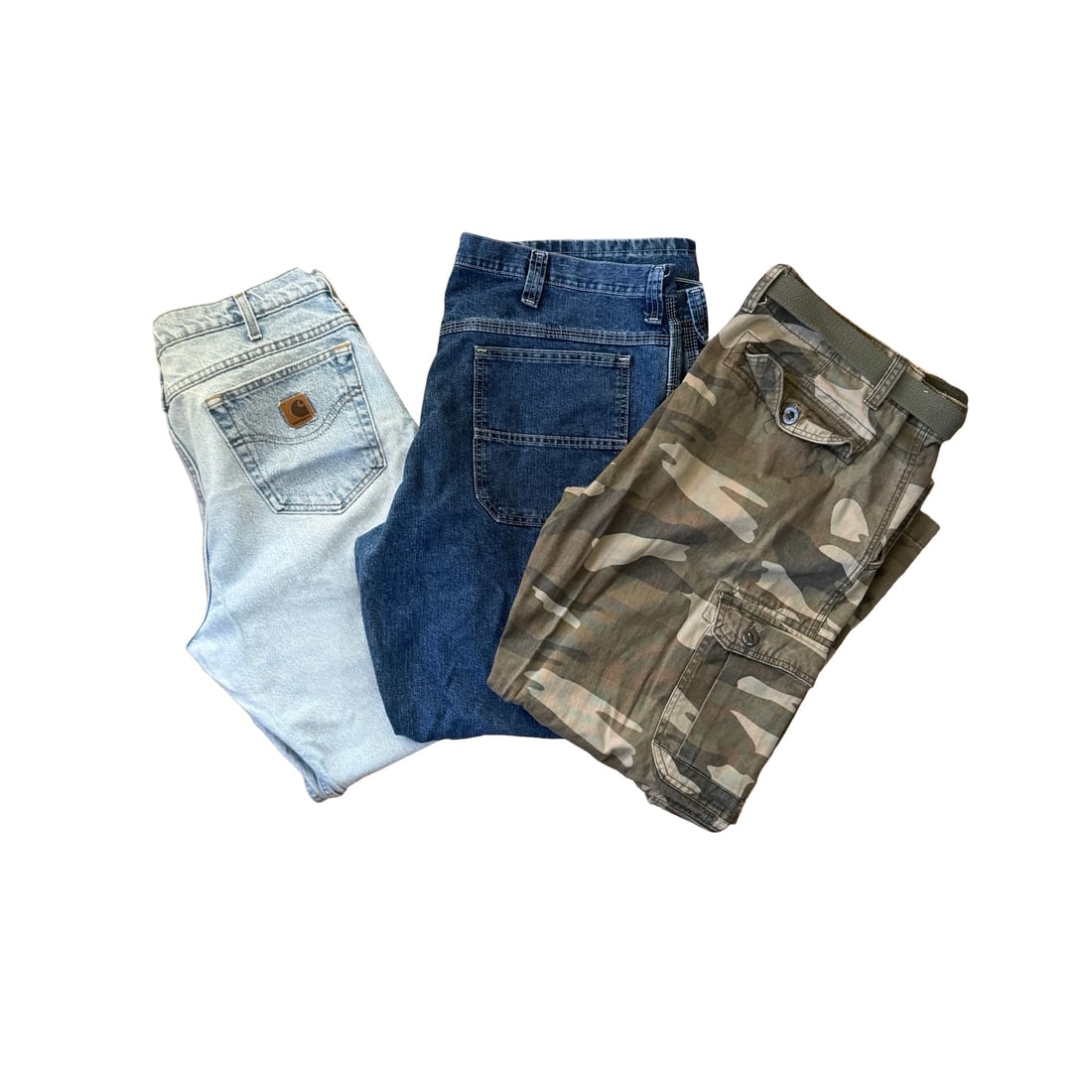 Group of Three Men's Jeans & Cargo Pants, Lee and Iron Co., Assorted Sizes: A versatile trio of men's casual wear featuring classic American denim and utilitarian style. This bundled lot includes a light-wash Lee loose-fit jean, a darker wash Lee jean, and a pair of Iron Co.