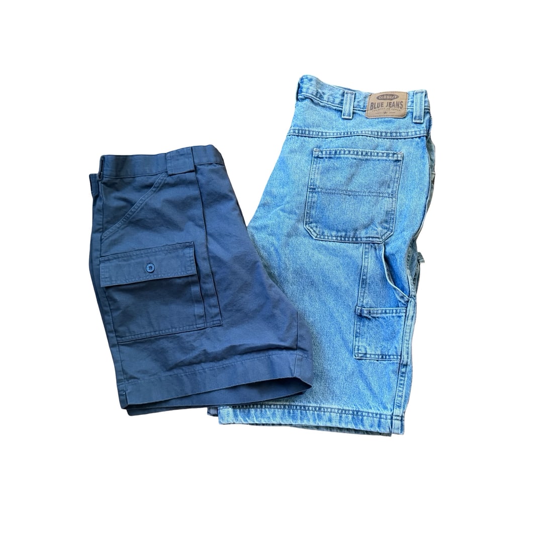Group of Two Men's Shorts: Old Navy Denim Carpenter Shorts & Sportif Cotton Cargo Shorts: A casual, ready-to-wear duo featuring light-wash Old Navy denim carpenter shorts (size 38) and navy Sportif cotton cargo shorts (size 36). Utility pockets, easy fits, and laid-back summer style-perfec
