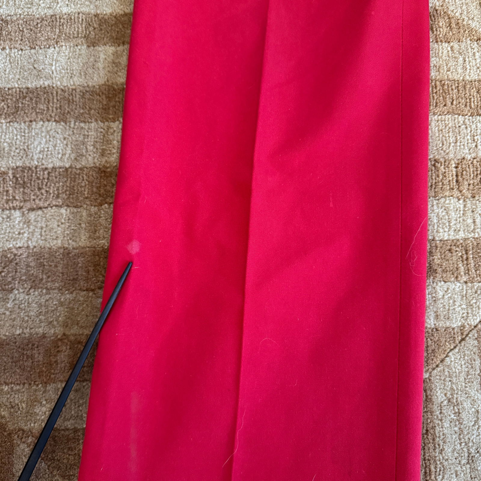 Three Pairs of Bold Vintage Slacks - Red, Green & Red: A punchy trio of vintage trousers in standout colors: two red pairs by Carroll Reed and Thomson (one retailed by Richards), plus a vibrant green pair with maker unknown. Clean lines, permanent-press e