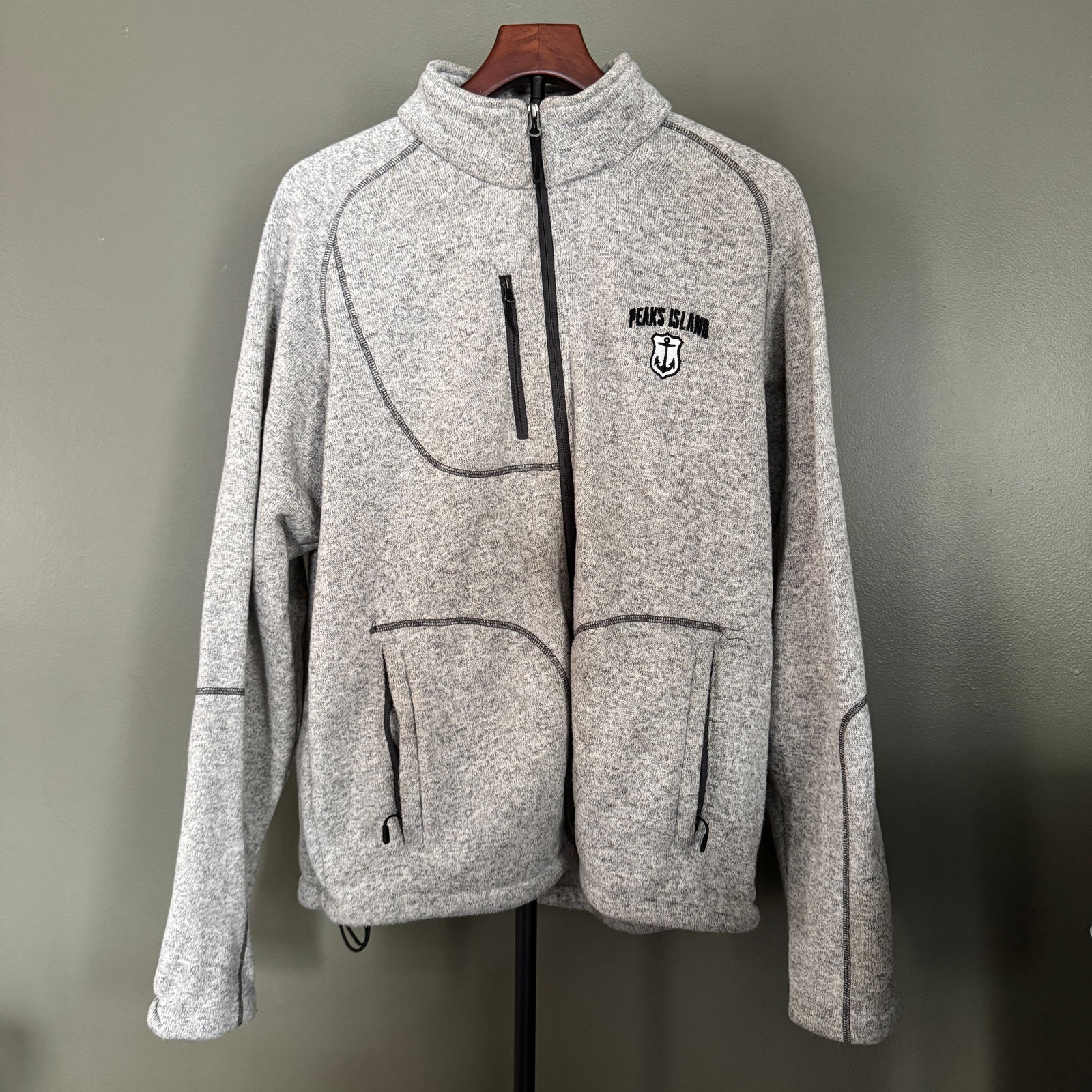 Landway Peaks Island Full-Zip Fleece Jacket, Size L: Soft heather-gray full-zip fleece jacket by Landway, embroidered Peaks Island anchor crest at chest. Designed with a stand collar, zip chest pocket, dual hand pockets, and contrast seam detailing. A c