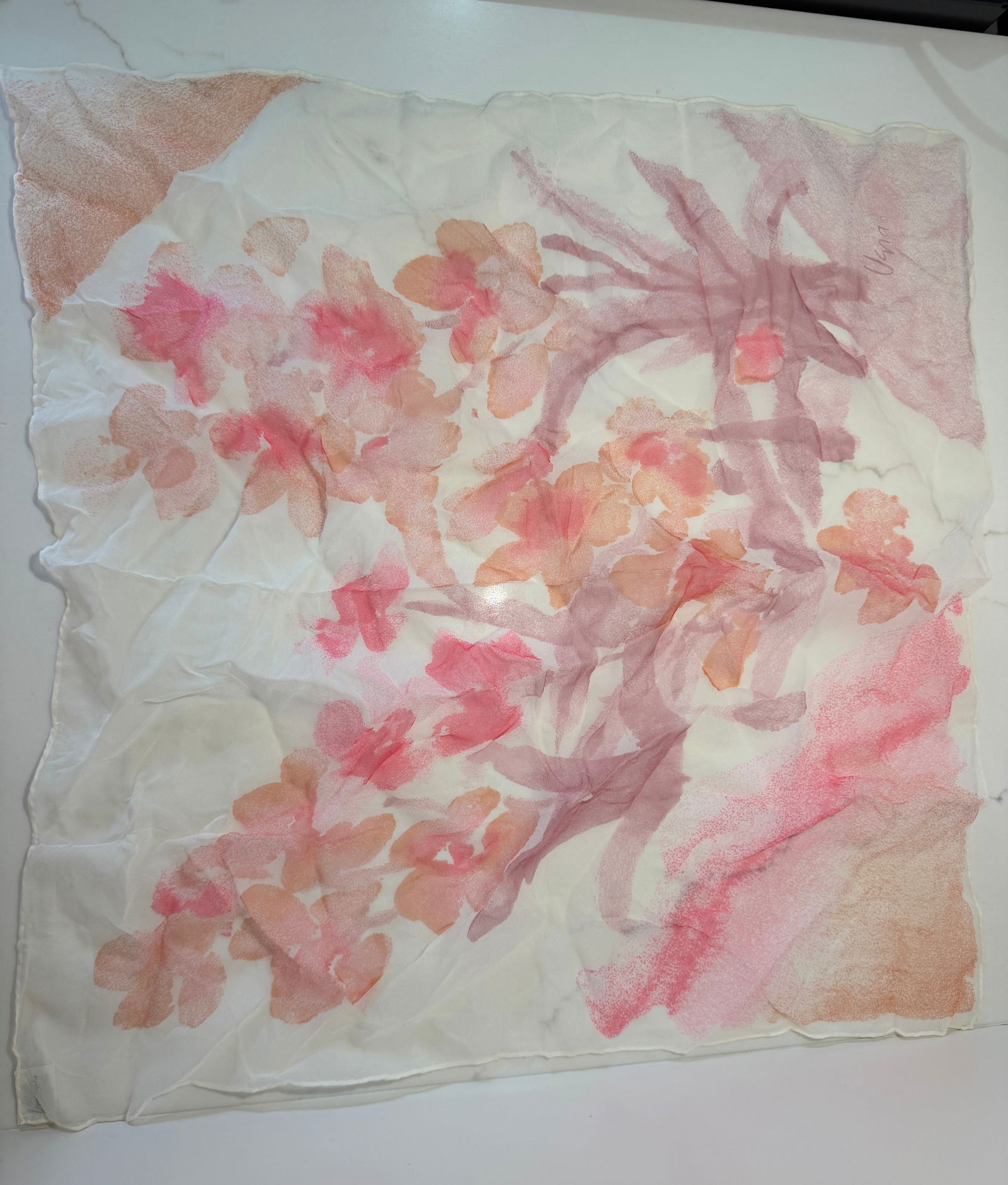 Vera Neumann Signed Sheer Silk Floral Scarf, Japan: A delicate sheer scarf by celebrated designer Vera Neumann, featuring a soft watercolor floral motif in blush, coral, and mauve tones. Lightweight and semi-transparent, with the artist's signature inc