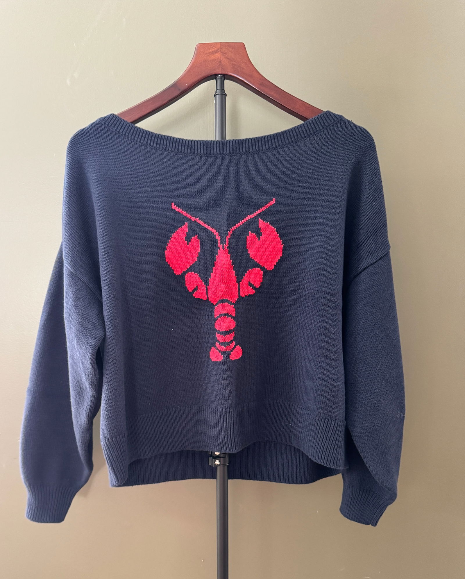 Hollister Lobster Motif Cotton Sweater, Navy & Red - New with Tags: Brand new Hollister navy cotton sweater featuring a bold red lobster motif at center front. Soft knit construction with ribbed neckline, cuffs, and hem. A playful coastal design with strong New Englan