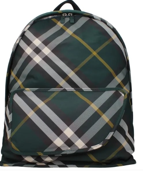 Burberry – Green Fabric Check Backpack: Backpack designed by Burberry, crafted in green fabric with an all-over check pattern. Large-size model featuring a structured silhouette with a top handle and adjustable back straps. The backpack inc