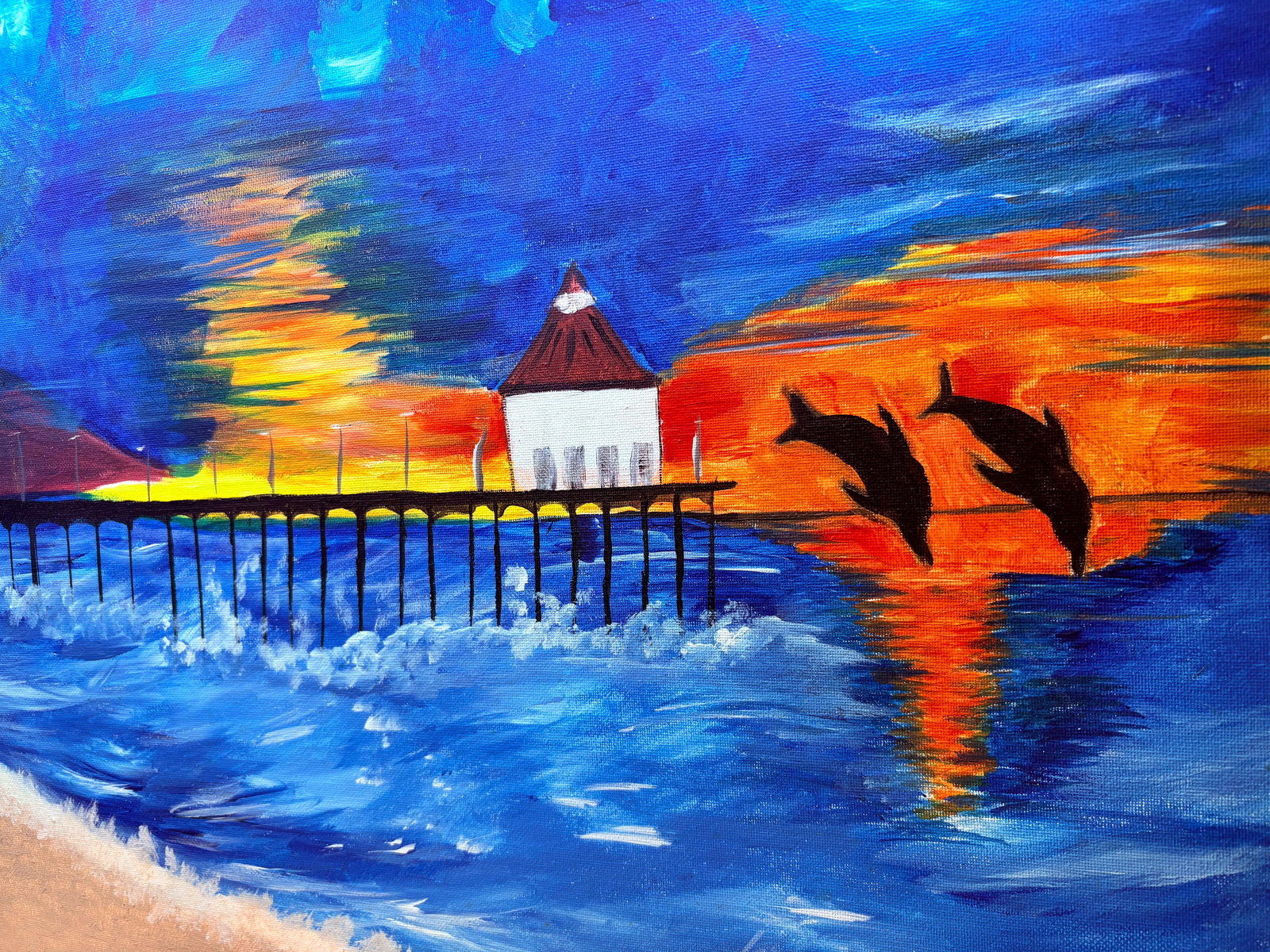 Crepúsculo de Esperança (Twilight of Hope): This striking acrylic on canvas captures a vibrant coastal sunset, where the sky is ablaze with deep oranges, yellows, and an intense midnight blue. In the foreground, a silhouetted pier leads the eye