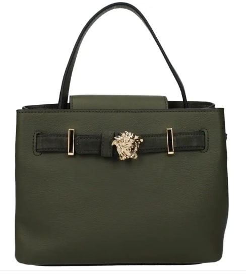 Green Leather Handbag: Women’s handbag crafted in green leather. Features a structured silhouette with front detail, back logo, adjustable shoulder strap, and removable shoulder strap. Suitable for daily use or formal occ