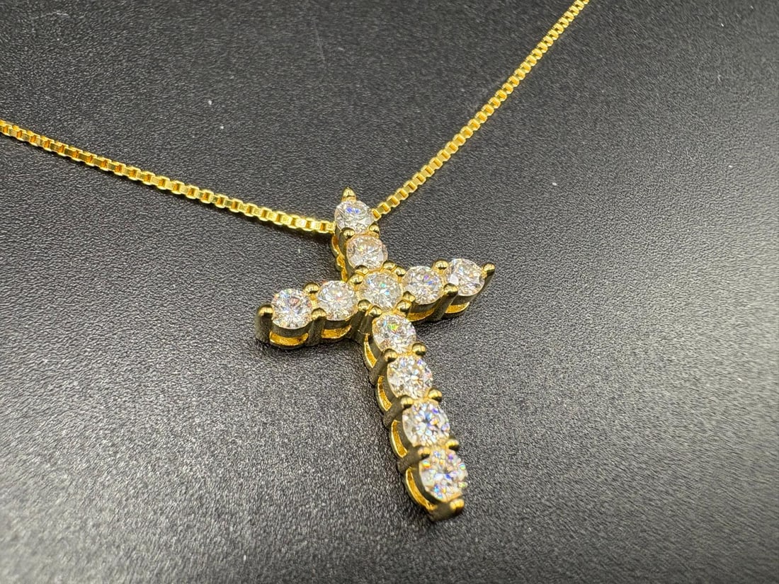 Necklace with Cross-Shaped Pendant – Colorless Stones – Gold-Tone Metal (1 of 2)