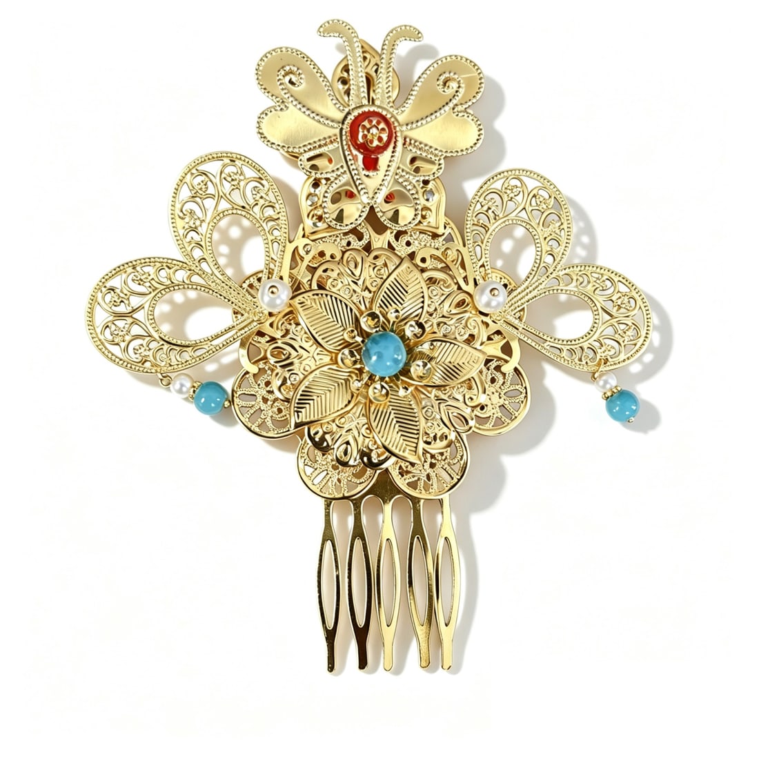 Turquoise Pearl Gold Gilded Hair Comb Ornament: Decorative hair comb ornament featuring turquoise accents, pearl details, and intricate gold-gilded floral and filigree motifs. Elegant ornamental design.