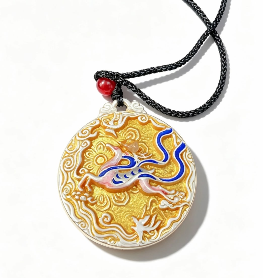 Enamel and Red Agate Gold-Plated Silver Pendant Necklace: Pendant necklace featuring enamel decorative details, red agate accent, and gold-plated silver construction. Circular ornamental pendant with multicolor motif design.