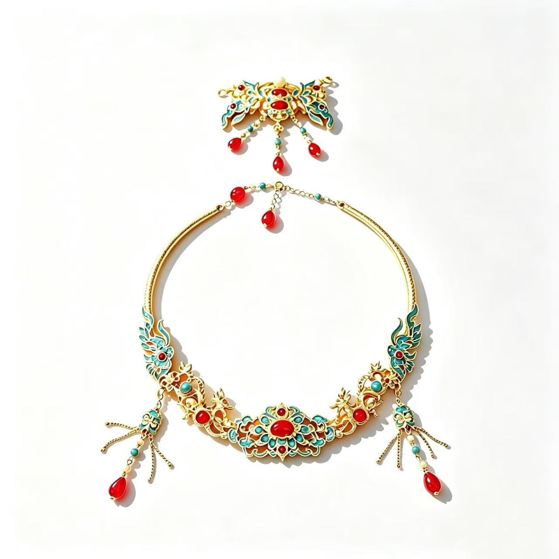 Red Agate and Turquoise Gold-Gilded Jewelry Set: Decorative jewelry set featuring red agate and turquoise accents with intricate gold-gilded ornamental motifs. Includes matching necklace and brooch with dangling bead details.