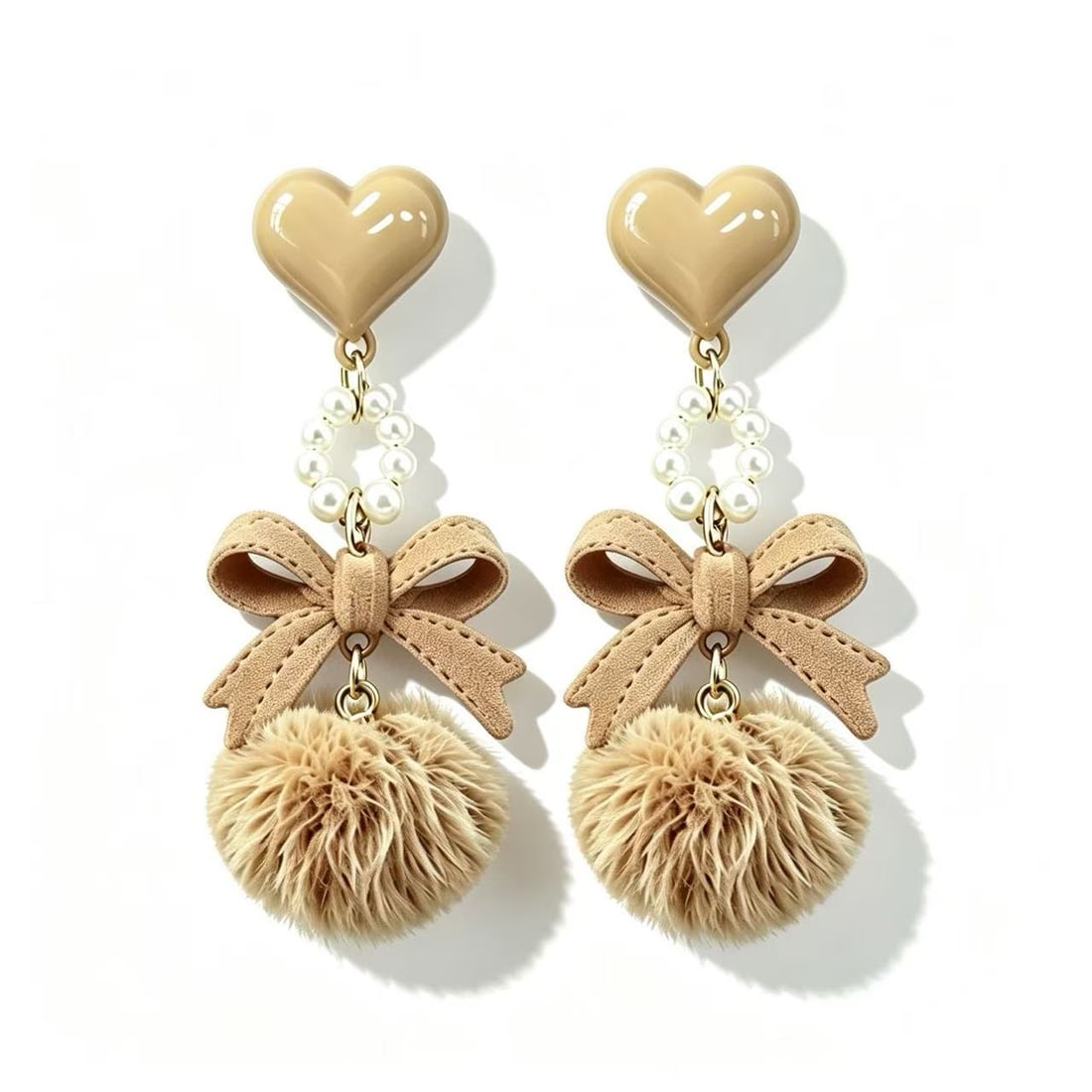Pearl and Resin Pom-Pom Drop Earrings: Pair of drop earrings featuring pearl accents, resin heart details, ribbon motifs, and soft pom-pom elements. Playful contemporary fashion design.