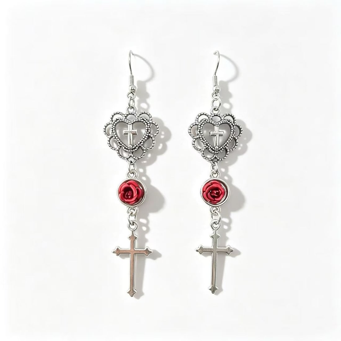 Vintage Style Cross & Resin Rose Dangle Earrings (1 of 2)