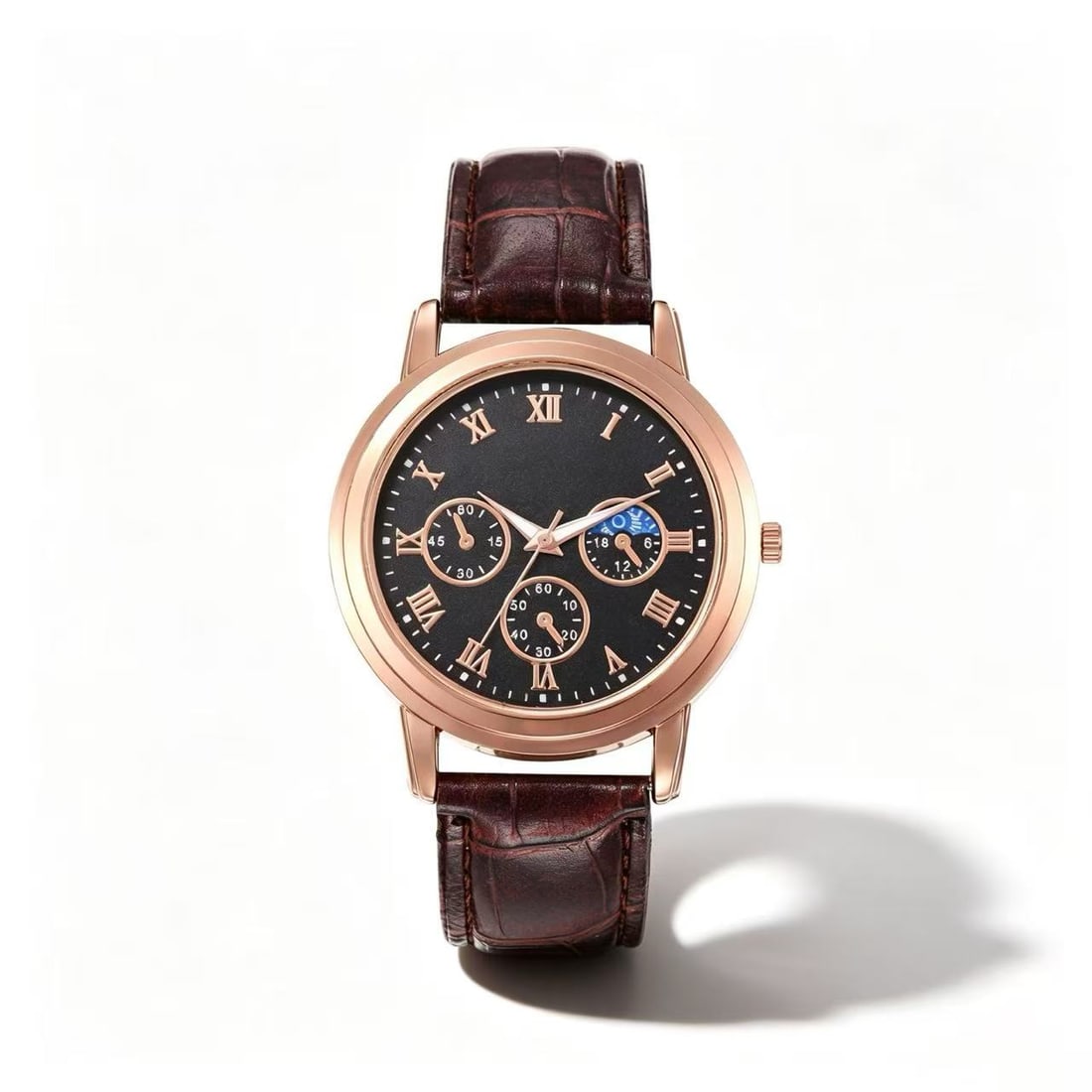 Gold-Tone Roman Numeral Wristwatch with Brown Strap (1 of 2)