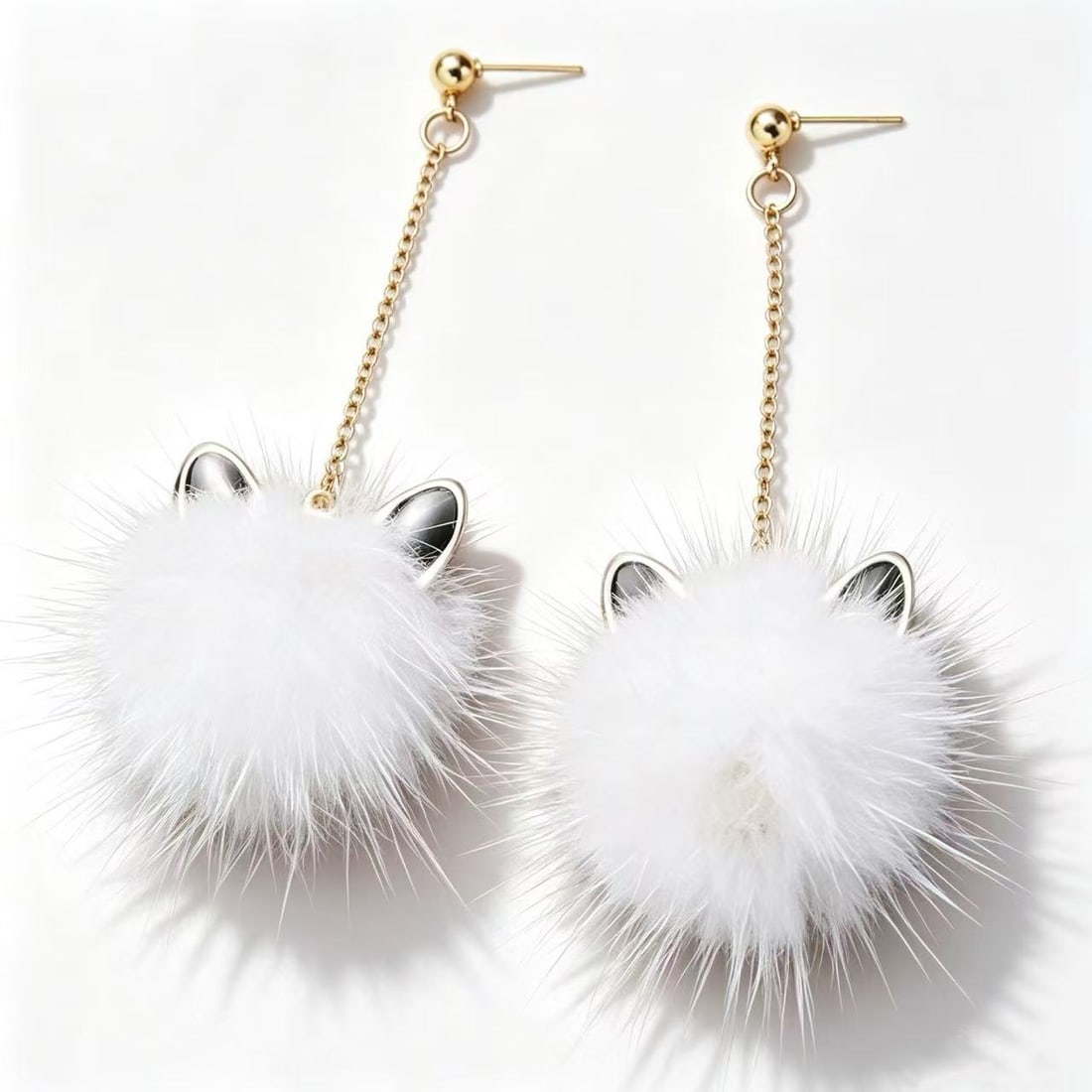 White Plush Pom-Pom Cat Ear Drop Earrings (1 of 2)