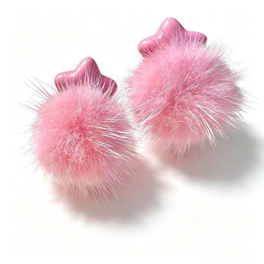 Pink Plush Pom-Pom Earrings with Star-Shaped Resin Studs (1 of 2)
