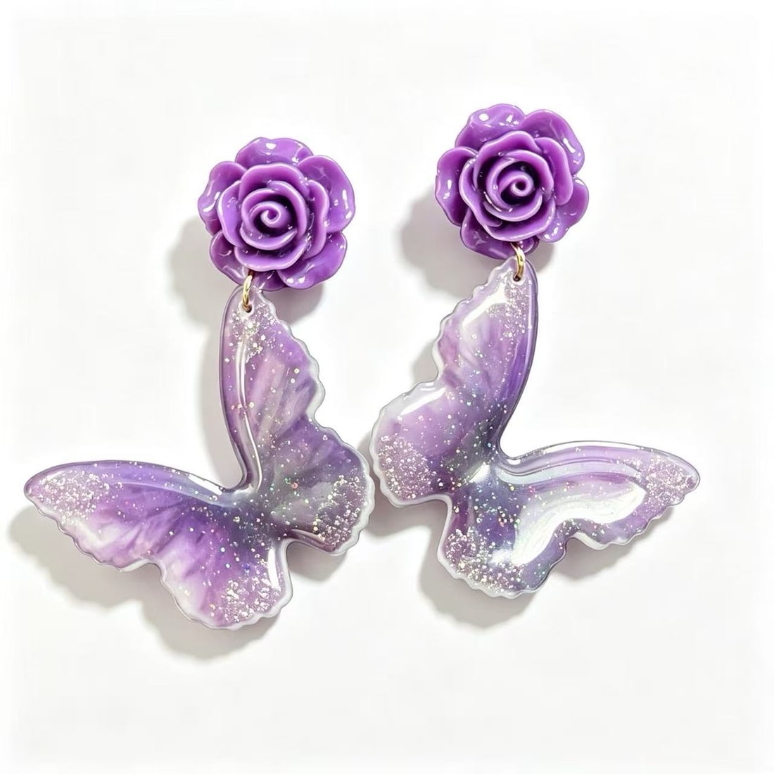 Purple Resin Butterfly Dangle Earrings with Floral Stud Tops (1 of 2)