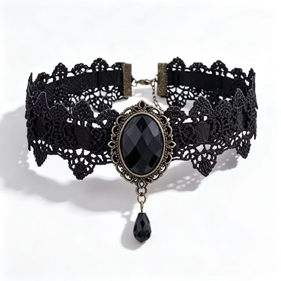 Gothic Black Lace Choker Necklace with Obsidian Style Pendant: Black lace choker necklace featuring an ornate floral-inspired lace design with a central faceted obsidian-style oval centerpiece and matching suspended drop accent. Finished with adjustable chain