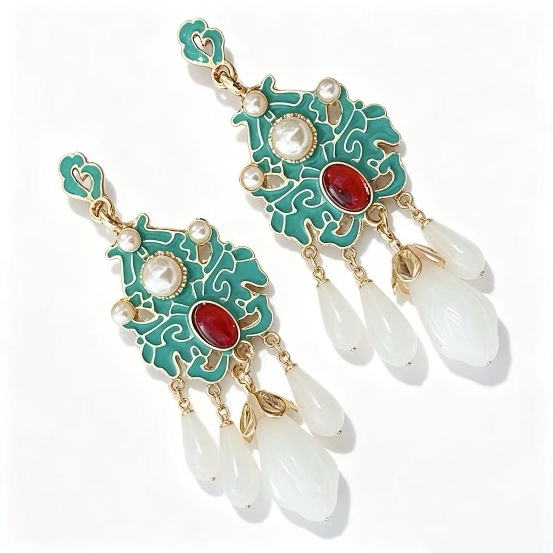 Gold-Gilded Chandelier Earrings with Red Agate, Pearl & White Jade Style Drops (1 of 2)