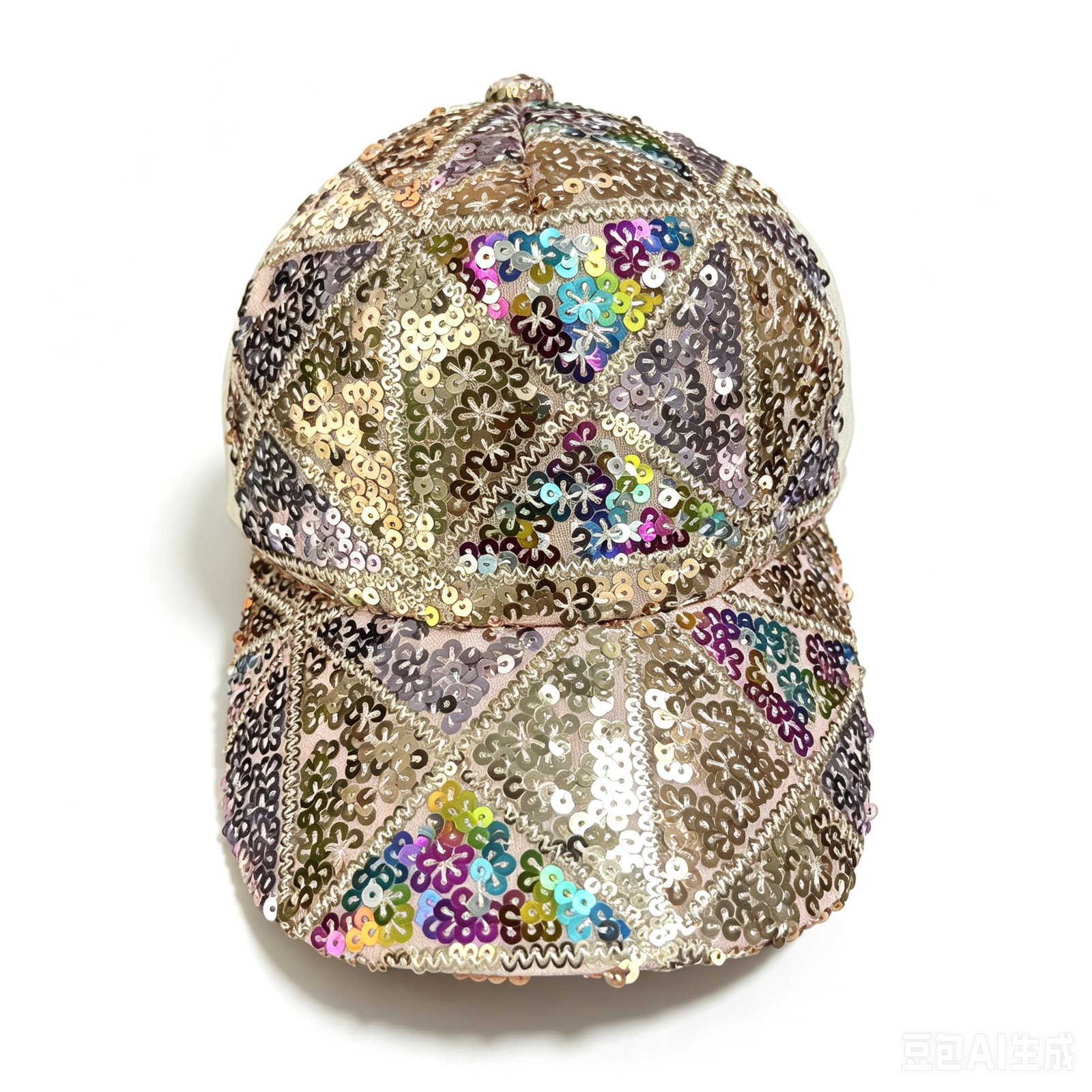 Sequin Embellished Multicolor Fabric Baseball Cap: Decorative baseball cap featuring an all-over multicolor sequin embellished patchwork-style design on fabric construction. The cap displays floral-inspired sequin motifs in varied metallic and