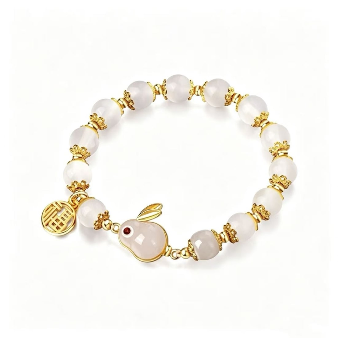 Gold-Gilded Hetian Jade Rabbit Charm Bracelet: Decorative bracelet featuring polished Hetian jade-style beads accented with gold-gilded spacer details and charm elements. Designed with a rabbit-shaped centerpiece and circular pendant motif in an