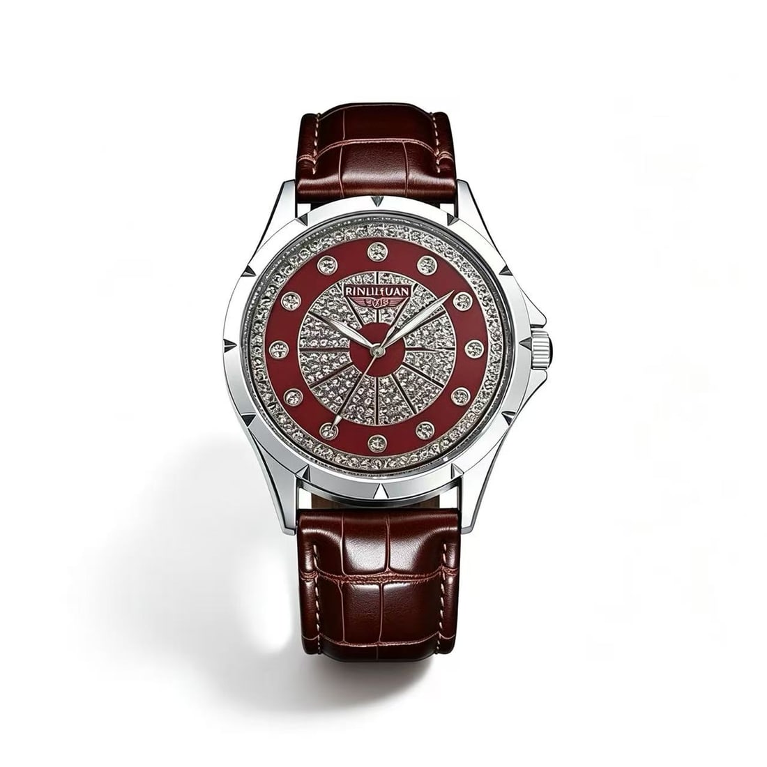 Moissanite Accent Stainless Steel Wristwatch with Brown Strap: Decorative wristwatch featuring a stainless steel case with a red dial design and moissanite-style accent detailing. The watch is paired with a brown textured strap and showcases a contemporary