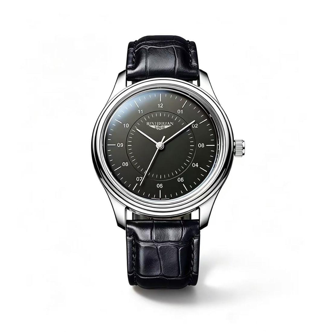 Stainless Steel Wristwatch with Black Dial and Textured Strap: Contemporary wristwatch featuring a stainless steel case with a minimalist black dial and silver-tone hour markers. The design is paired with a black textured strap, offering a modern and understated