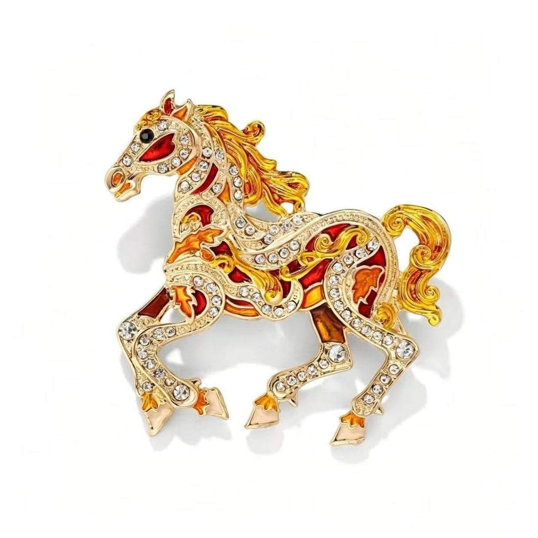 Gold-Gilded Enamel Horse Brooch with Crystal Accents: Decorative horse-form brooch featuring multicolor enamel detailing with gold-gilded finish and clear crystal-style accents throughout the design. Executed in an ornate openwork style with flowing