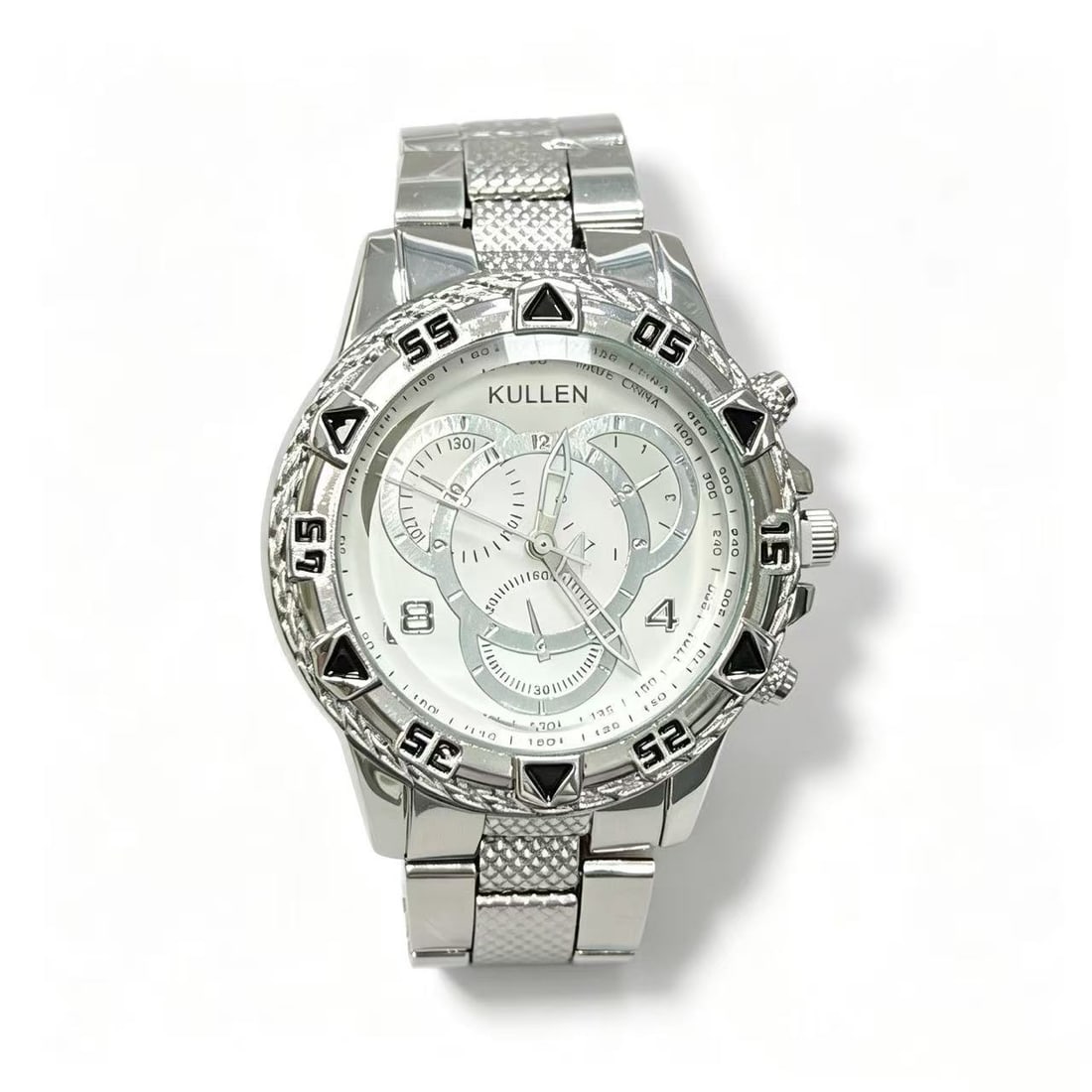 Stainless Steel KULLEN Wristwatch with Silver-Tone Bracelet: Contemporary KULLEN wristwatch featuring a stainless steel case and matching bracelet-style band. Designed with a silver-tone dial, decorative chronograph-style subdials, and black accent markers