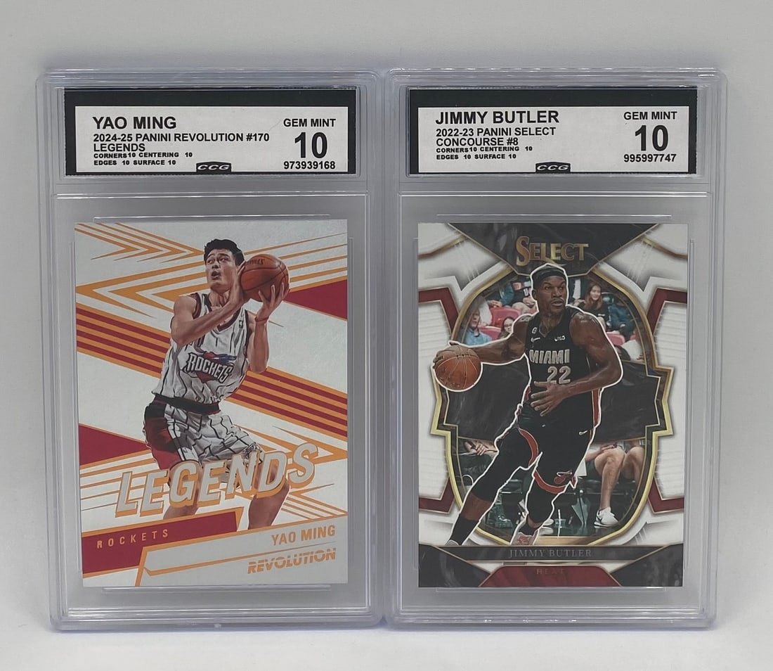 (2) NBA CCG 10 Lot: 2024-25 Rev Yao Ming #170 & 2022-23 Select J. Butler: 2-card NBA slab lot, both certified CCG Gem Mint 10: 2024-25 Panini Revolution Yao Ming Legends #170 (CCG 10 - Subgrades: 10/10/10/10) 2022-23 Panini Select Concourse Jimmy Butler #8 (CCG 10 - Subgrad