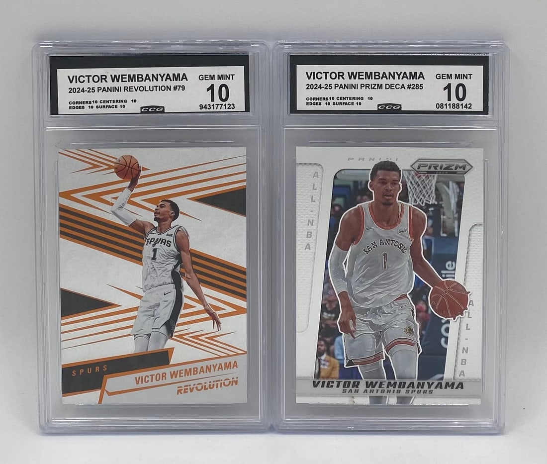 (2) Victor Wembanyama 2024-25 Panini Cards CCG 10: Rev #79 & Prizm #285: Dual-card lot featuring San Antonio Spurs phenom Victor Wembanyama, both CCG Gem Mint 10: 2024-25 Panini Revolution Victor Wembanyama #79 (CCG 10 - Subgrades: 10/10/10/10) 2024-25 Panini Prizm Deca Vi