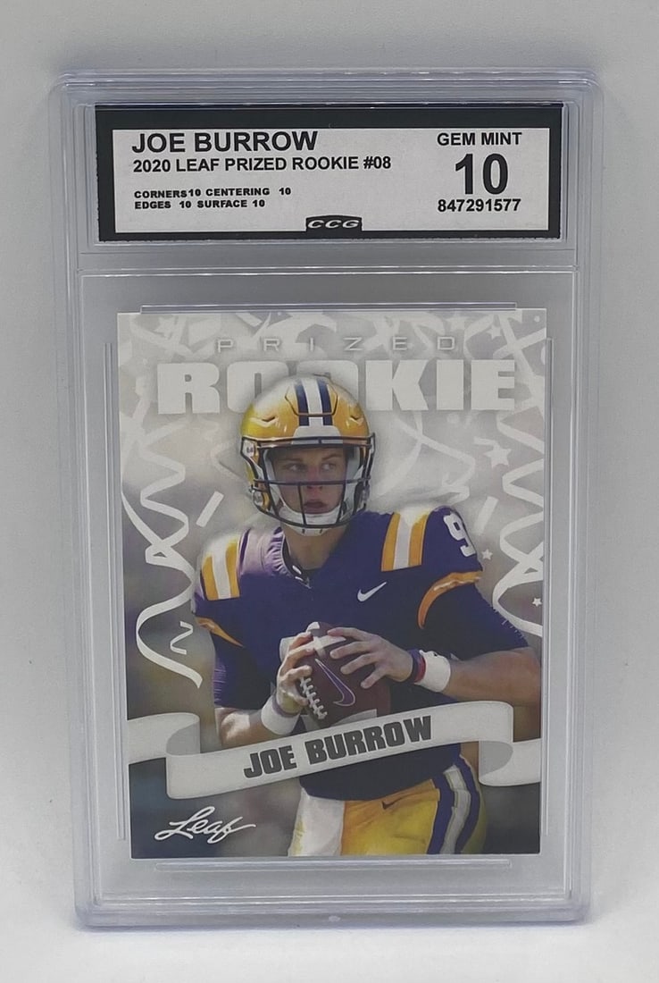 2020 Leaf Prized Rookie Joe Burrow #08 CCG 10 Gem Mint: Single-card lot featuring Philadelphia Eagles QB Jalen Hurts on his 2020 Panini Classics Rookie Card (#5). Encased and graded Gem Mint 10 by GEM Grading Inc.