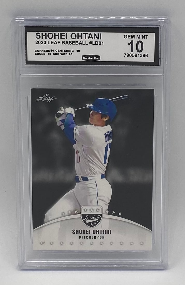 2023 Leaf Baseball Shohei Ohtani #LB01 CCG 10 Gem Mint: Single-card lot featuring global baseball superstar Shohei Ohtani. 2023 Leaf Baseball base insert (#LB01), encased and graded CCG Gem Mint 10 with all-10 subgrades (Corners, Centering, Edges, Surface)