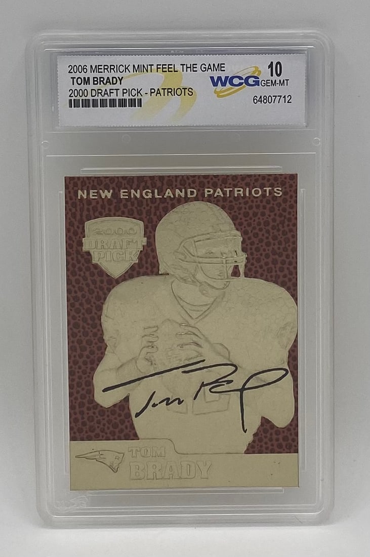 2006 Merrick Mint Feel the Game Tom Brady 2000 Draft Pick WCG 10 Gem Mint: Single-card lot featuring legendary QB Tom Brady. 2006 Merrick Mint "Feel the Game" insert commemorating his selection as a 2000 Draft Pick for the New England Patriots. Encased and graded WCG 10 Gem 