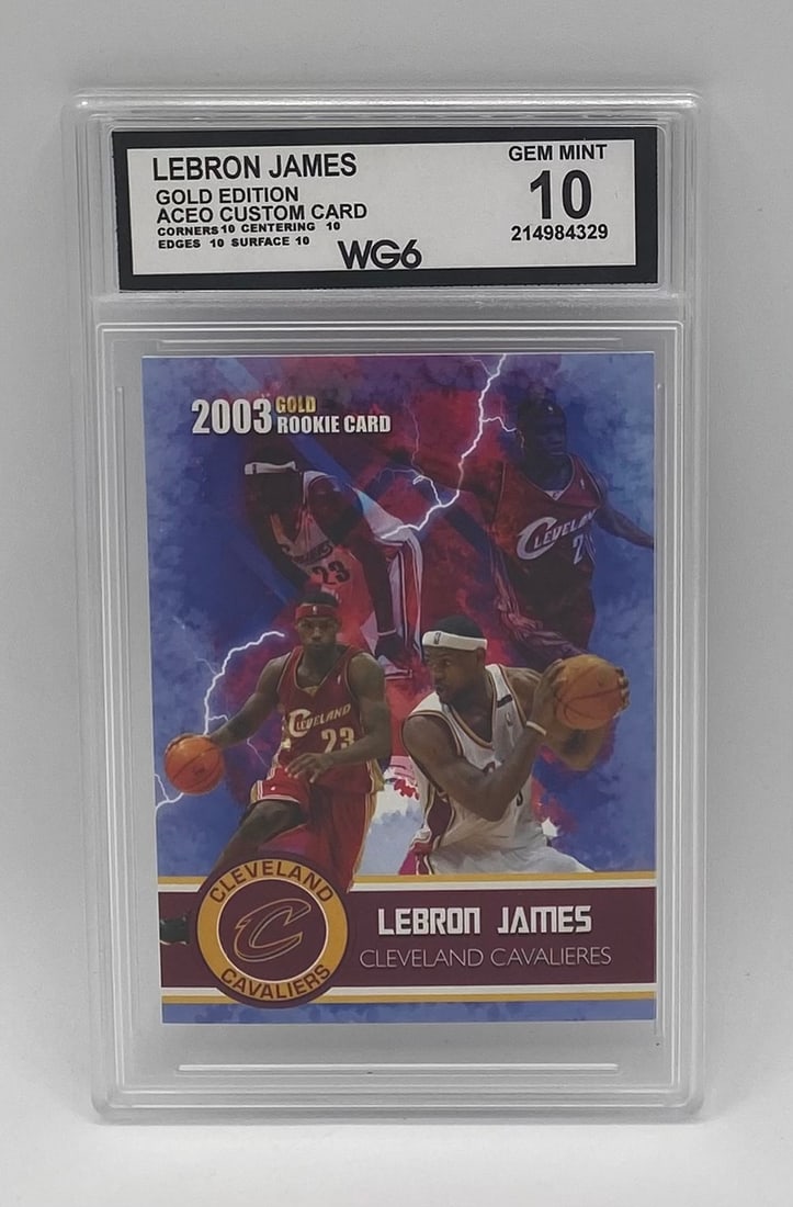 2003 LeBron James Gold Edition ACEO Custom Rookie Card WG6 10 Gem Mint: Single-card lot featuring Cleveland Cavaliers superstar LeBron James. 2003 Gold Edition ACEO Custom Rookie Card. Encased and graded WG6 Gem Mint 10 with 10 subgrades across the board.