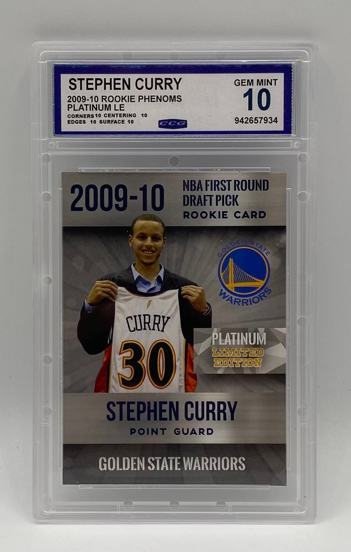 2009-10 Rookie Phenoms Stephen Curry Platinum LE CCG 10 Gem Mint: Single-card lot featuring Golden State Warriors icon Stephen Curry on a 2009-10 Rookie Phenoms Platinum Limited Edition card. Encased and graded CCG Gem Mint 10 with full 10 subgrades.