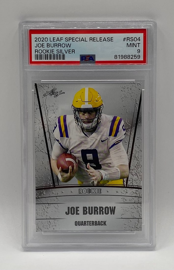 2020 Leaf Special Release Joe Burrow Rookie Silver #RS04 PSA 9 Mint: Single-card lot featuring Cincinnati Bengals QB Joe Burrow. 2020 Leaf Special Release Rookie Silver insert (#RS04) featuring LSU uniform artwork. Encased and graded PSA 9 Mint (Cert #81988259).