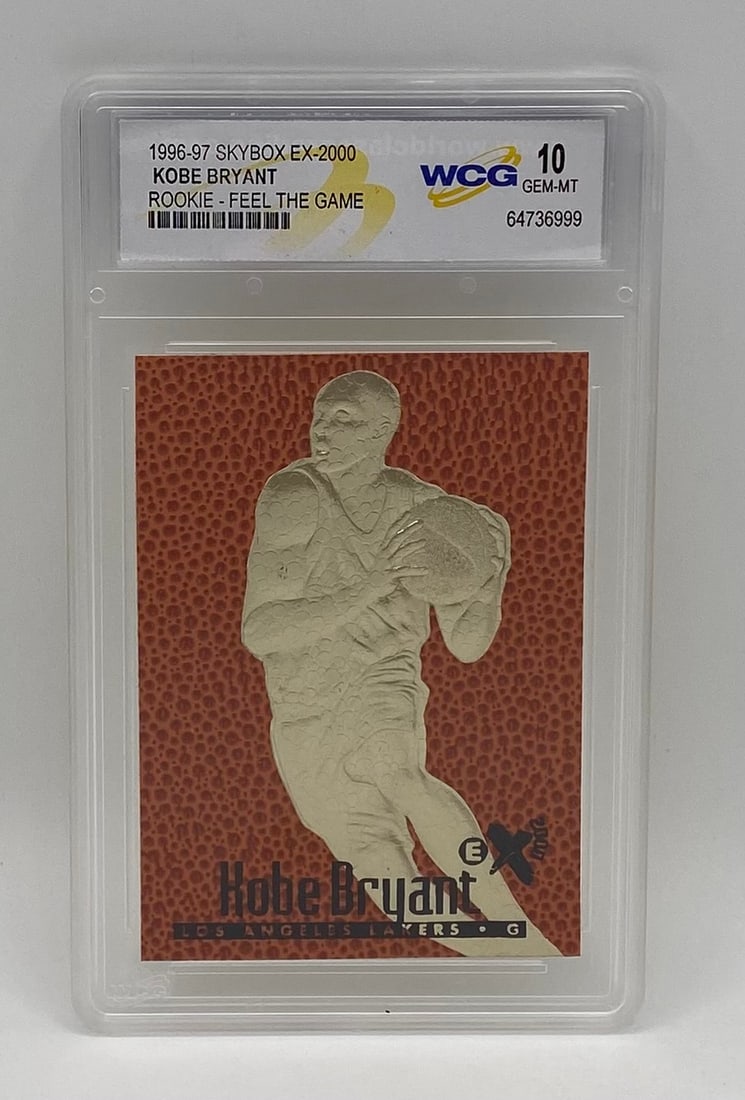 1996-97 SkyBox EX-2000 Kobe Bryant Rookie Feel The Game WCG 10 Gem Mint: Single-card lot featuring Los Angeles Lakers icon Kobe Bryant. 1996-97 SkyBox EX-2000 Rookie "Feel The Game" edition card. Encased and graded WCG 10 Gem Mint.