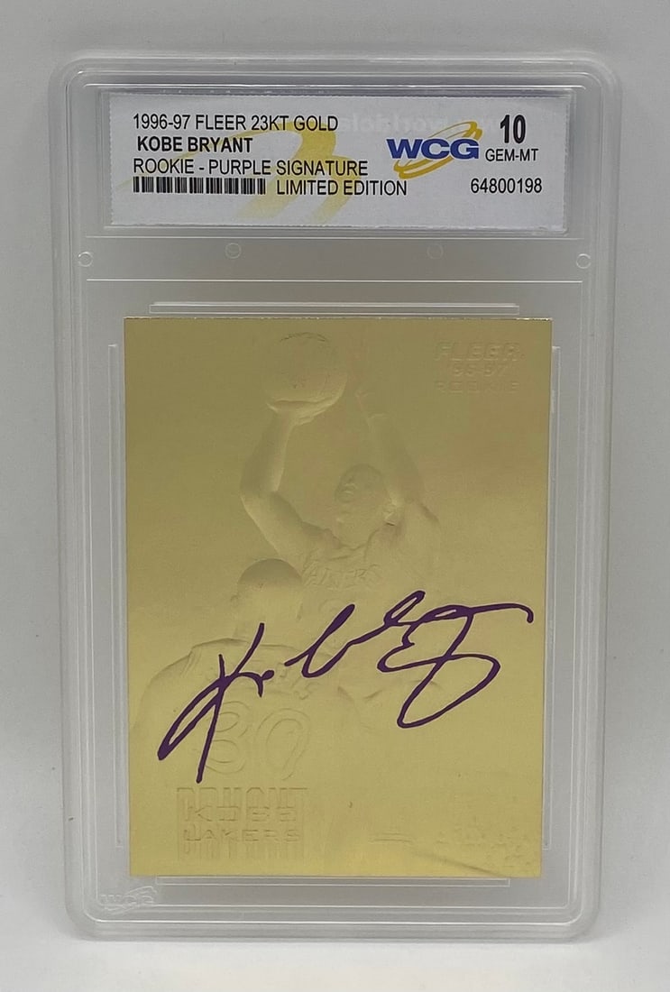 1996-97 Fleer 23KT Gold Kobe Bryant Rookie Purple Sig LE WCG 10 Gem Mint: Single-card lot featuring Kobe Bryant. 1996-97 Fleer 23-Karat Gold Rookie card with Purple Signature Limited Edition foil. Encased and graded WCG 10 Gem Mint.