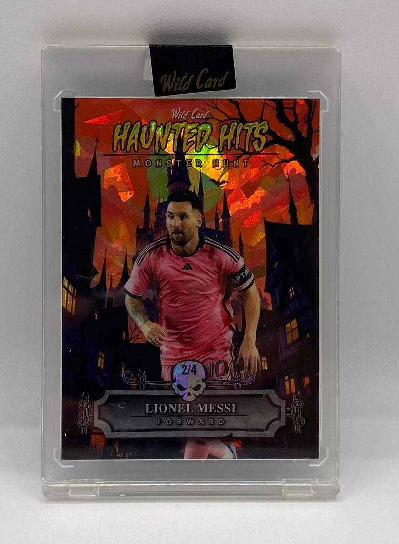 Wild Card Haunted Hits Lionel Messi Monster Hunt Serial 2/4 Short Print: Single-card lot featuring soccer superstar Lionel Messi in his Inter Miami CF kit. Wild Card Haunted Hits "Monster Hunt" insert, rare short print serial-numbered 2 of 4 (2/4). Encased in original fact