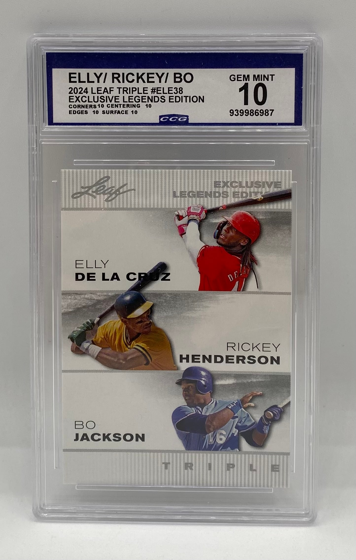 2024 Leaf Triple Elly De La Cruz / Rickey / Bo #ELE38 CCG 10 Gem Mint: Single-card lot featuring speedsters Elly De La Cruz, Rickey Henderson, and Bo Jackson. 2024 Leaf Triple Exclusive Legends Edition (#ELE38). Encased and graded CCG Gem Mint 10 (Cert #939986987) with p