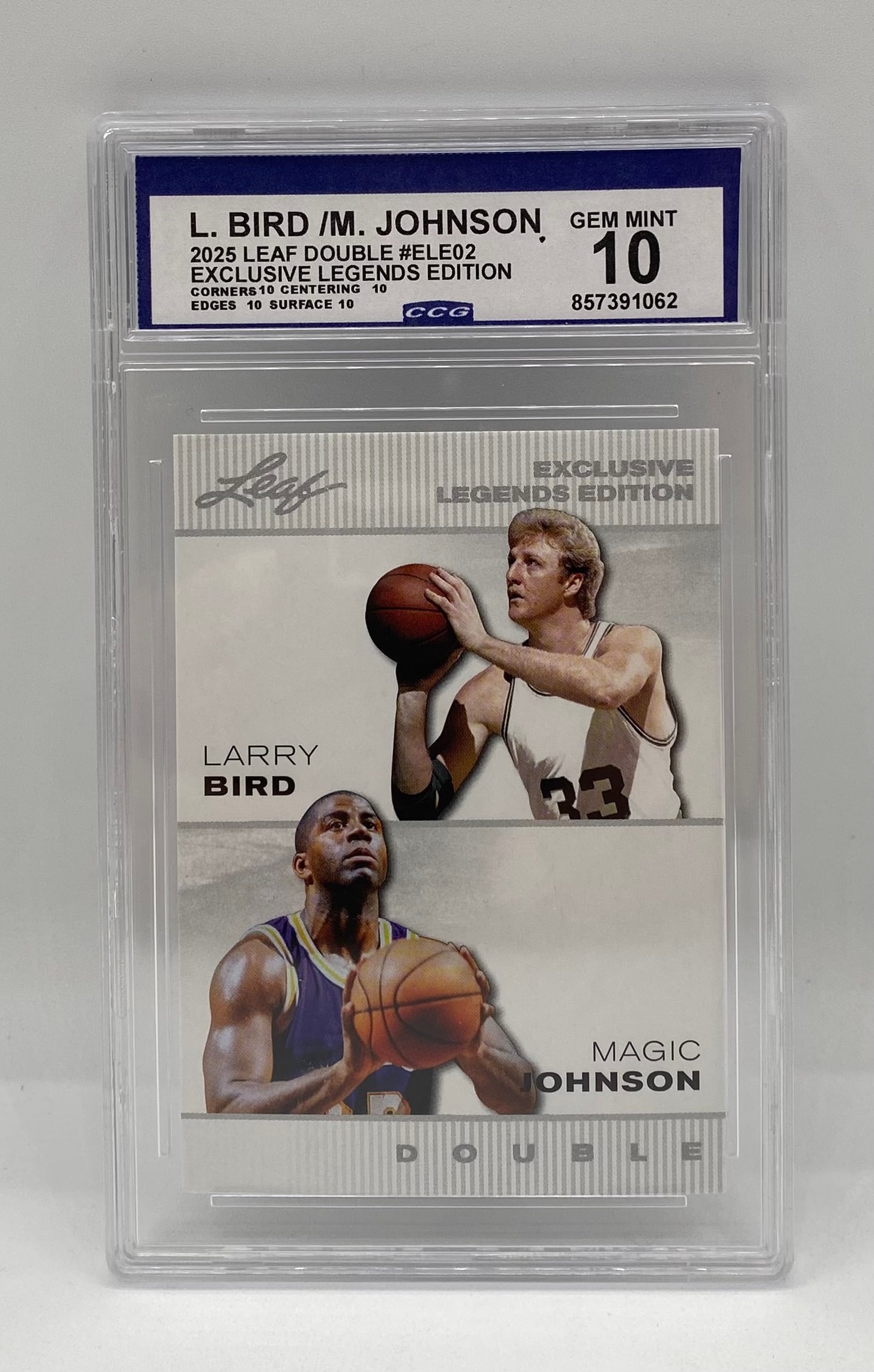 2025 Leaf Double Larry Bird / Magic Johnson #ELE02 CCG 10 Gem Mint: Single-card lot featuring rival Hall of Famers Larry Bird and Magic Johnson. 2025 Leaf Double Exclusive Legends Edition (#ELE02). Encased and graded CCG Gem Mint 10 (Cert #857391062) with perfect 10 s