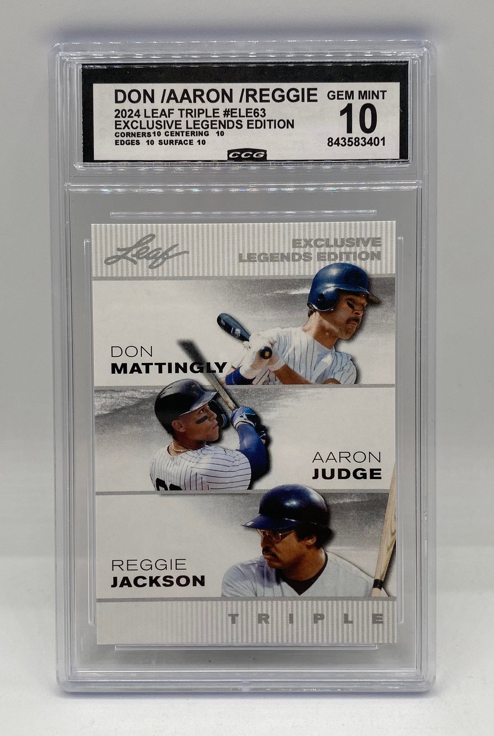 2024 Leaf Triple Mattingly / Judge / Reggie #ELE63 CCG 10 Gem Mint: Single-card lot featuring New York Yankees icons Don Mattingly, Aaron Judge, and Reggie Jackson. 2024 Leaf Triple Exclusive Legends Edition (#ELE63). Encased and graded CCG Gem Mint 10 (Cert #84358340