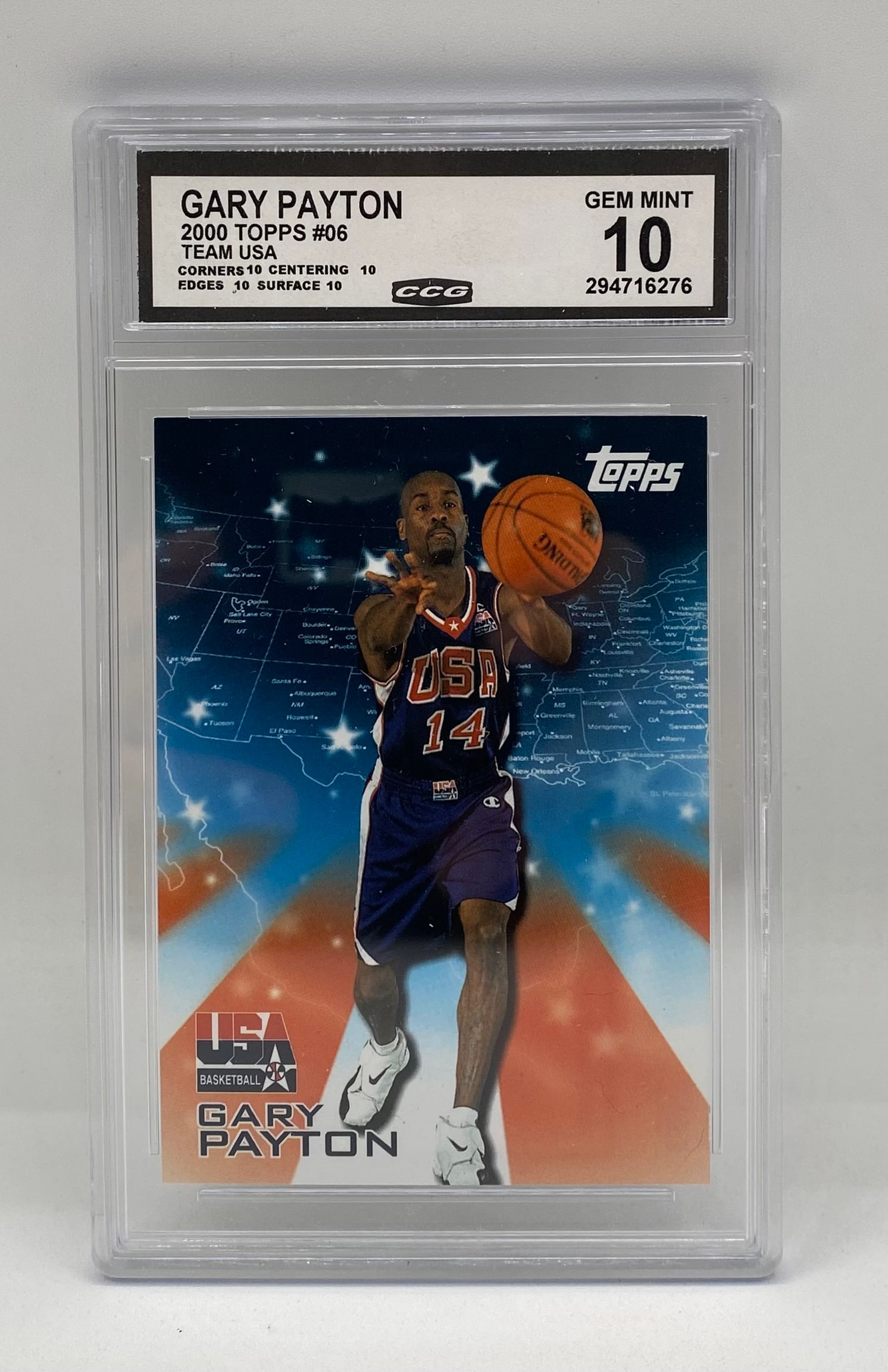 2000 Topps Gary Payton #06 Team USA Basketball CCG 10 Gem Mint: Single-card lot featuring Seattle SuperSonics Hall of Famer Gary Payton. 2000 Topps Team USA Basketball insert (#06). Encased and graded CCG Gem Mint 10 (Cert #294716276) with perfect 10 subgrades acr