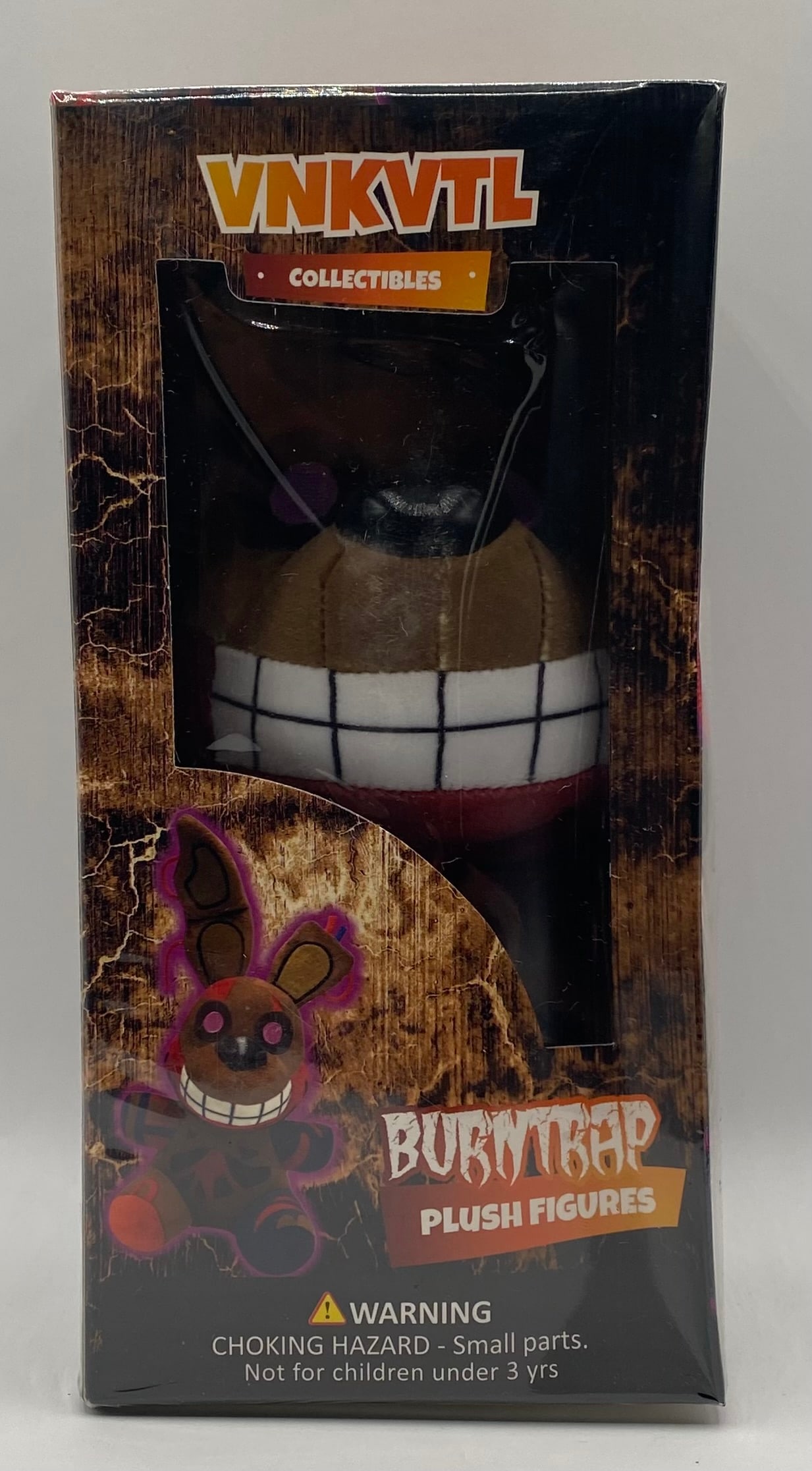VNKVTL Collectibles Burntrap Plush Figure (FNAF / Security Breach): Sealed-in-box plush collectible lot featuring Burntrap from Five Nights at Freddy's: Security Breach. Manufactured by VNKVTL Collectibles, presented in original window display packaging.