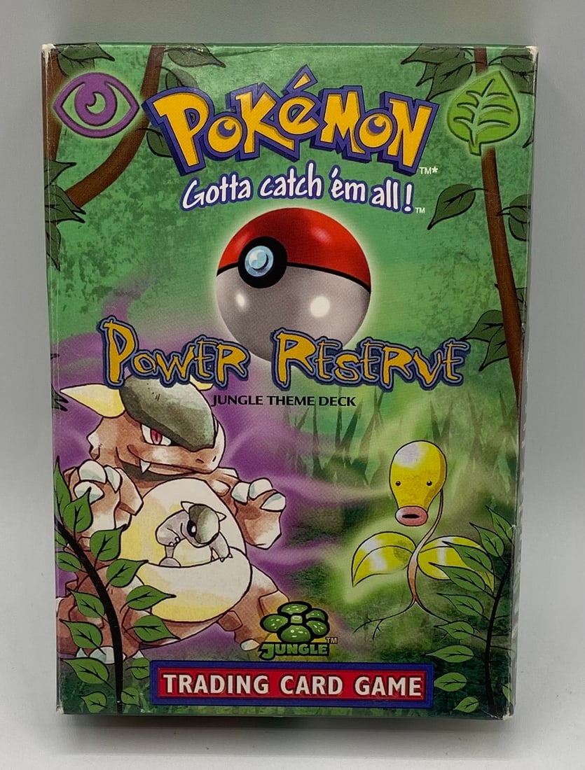 Vintage 1999 Pokemon Jungle Power Reserve Theme Deck Box: Vintage Pokémon TCG lot featuring the Jungle expansion "Power Reserve" Theme Deck box, featuring Kangaskhan and Bellsprout artwork (Wizards of the Coast, 1999).