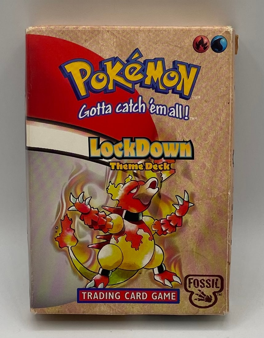 Vintage 1999 Pokemon Fossil LockDown Theme Deck Box: Vintage Pokémon TCG lot featuring the Fossil expansion "LockDown" Theme Deck box, featuring Magmar artwork (Wizards of the Coast, 1999).