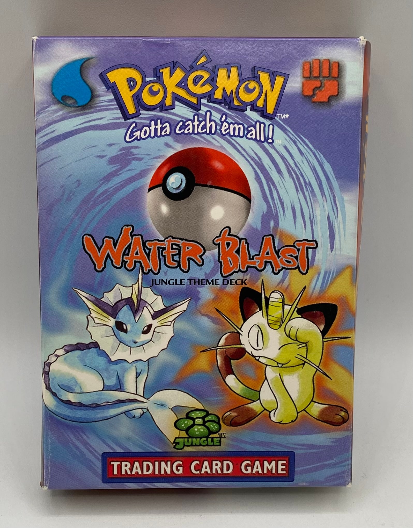 Vintage 1999 Pokemon Jungle Water Blast Theme Deck Box: Vintage Pokémon TCG lot featuring the Jungle expansion "Water Blast" Theme Deck box, featuring Vaporeon and Meowth artwork (Wizards of the Coast, 1999).