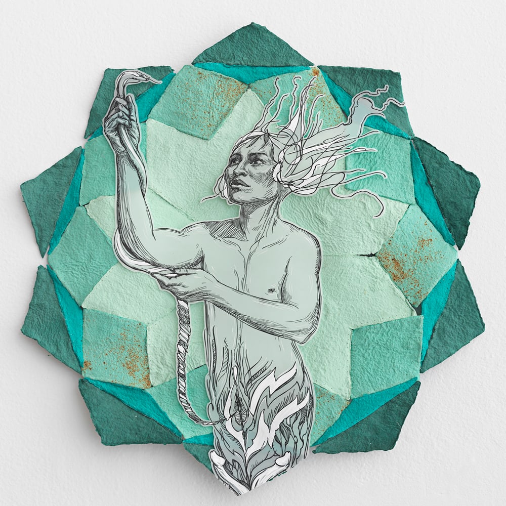 Swoon, Mer: Swoon’s Mer is a unique work made from handmade paper tiles sewn together by the artist. It is hand painted and signed by the artist and offered unframed. Caledonia Curry, whose work appears under t